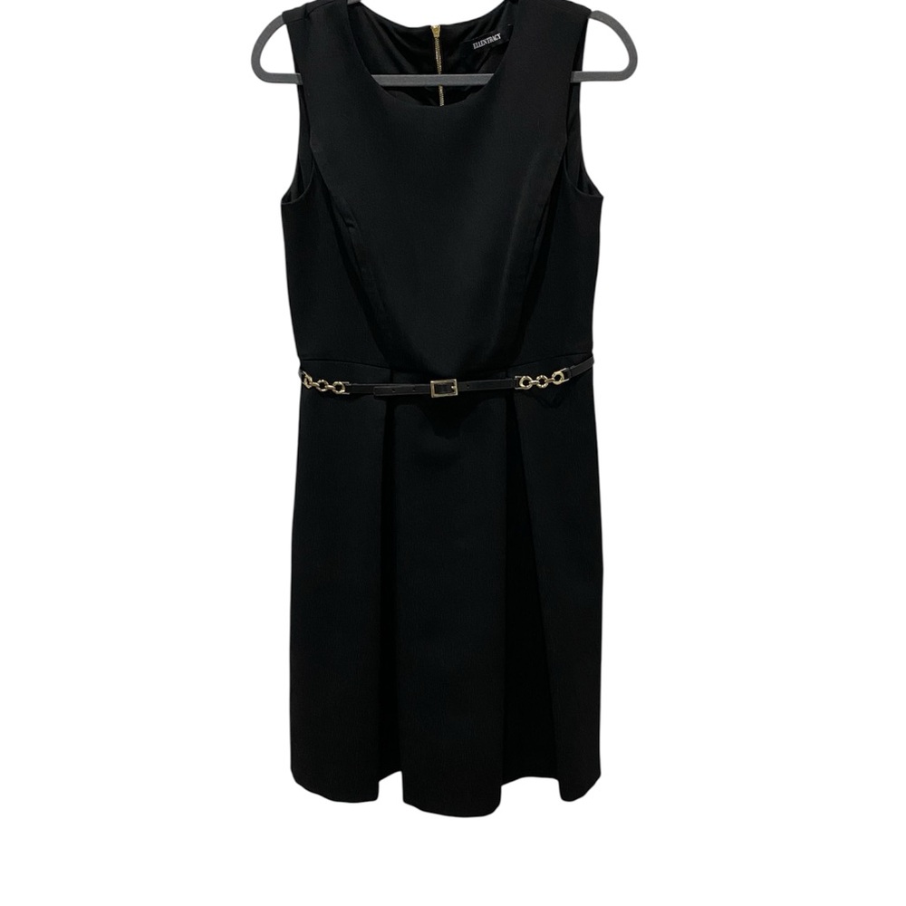 Ellen Tracy Woman’s Black Fit & Flare Midi Dress with Chain Belt Size M/L
